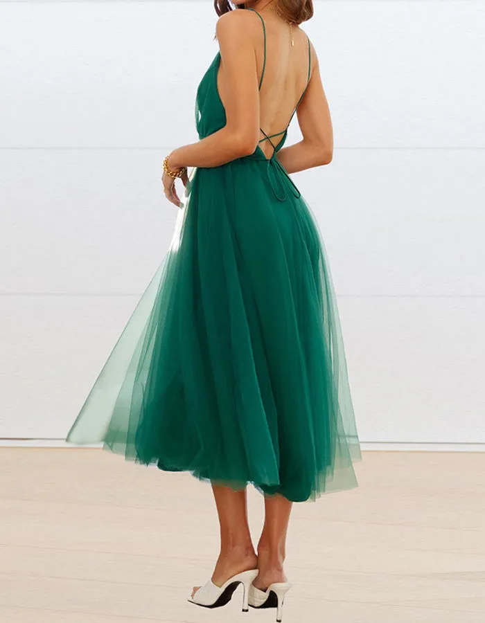 Deep V Neck Solid-color Mesh Bridesmaid Dresses Beach Dresses