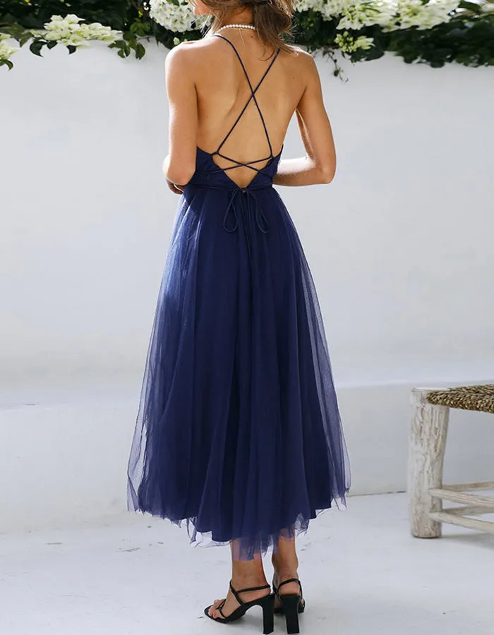 Deep V Neck Solid-color Mesh Bridesmaid Dresses Beach Dresses