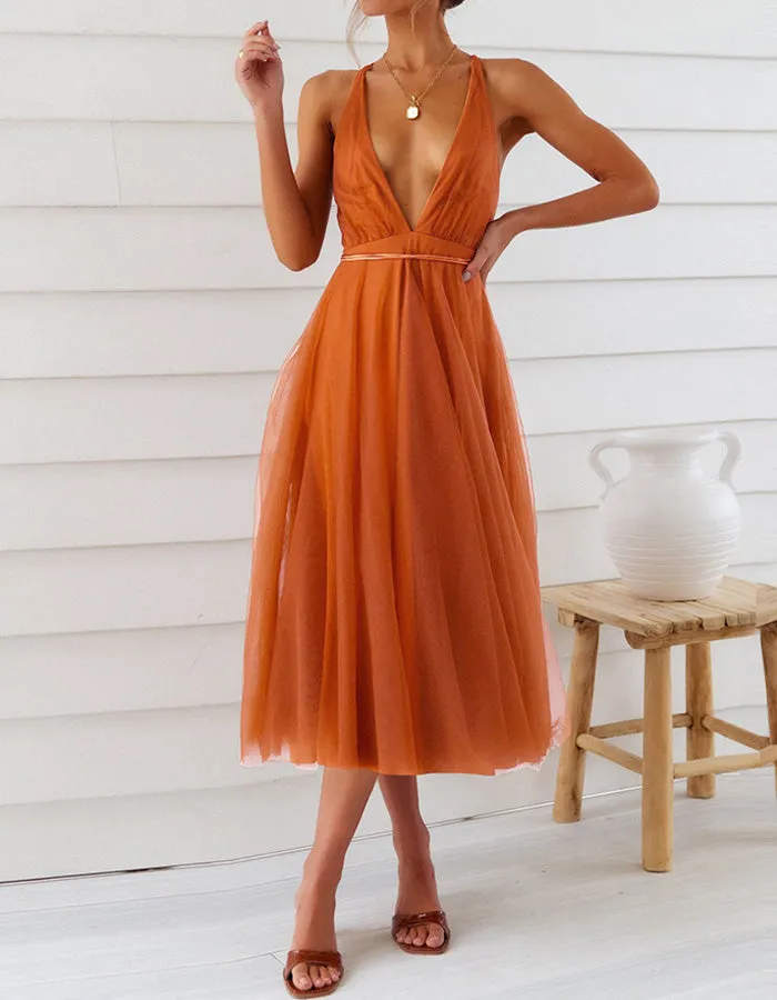 Deep V Neck Solid-color Mesh Bridesmaid Dresses Beach Dresses