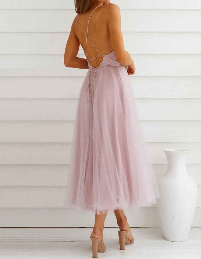 Deep V Neck Solid-color Mesh Bridesmaid Dresses Beach Dresses