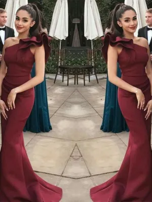 Elegant Burgundy Mermaid One Shoulder Flounced Sexy Prom Dresses