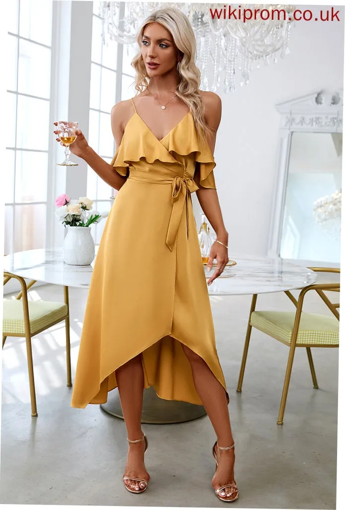 Elegant Michaela Satin Short Dresses Sheath Sleeves Club Dresses Asymmetrical V-Neck