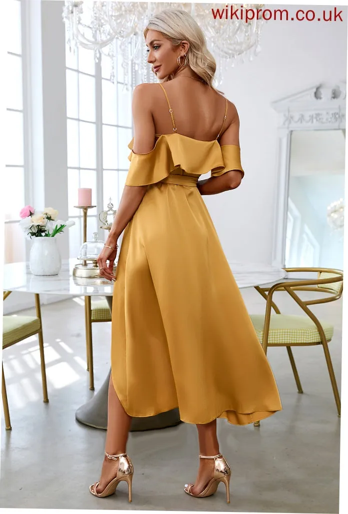 Elegant Michaela Satin Short Dresses Sheath Sleeves Club Dresses Asymmetrical V-Neck