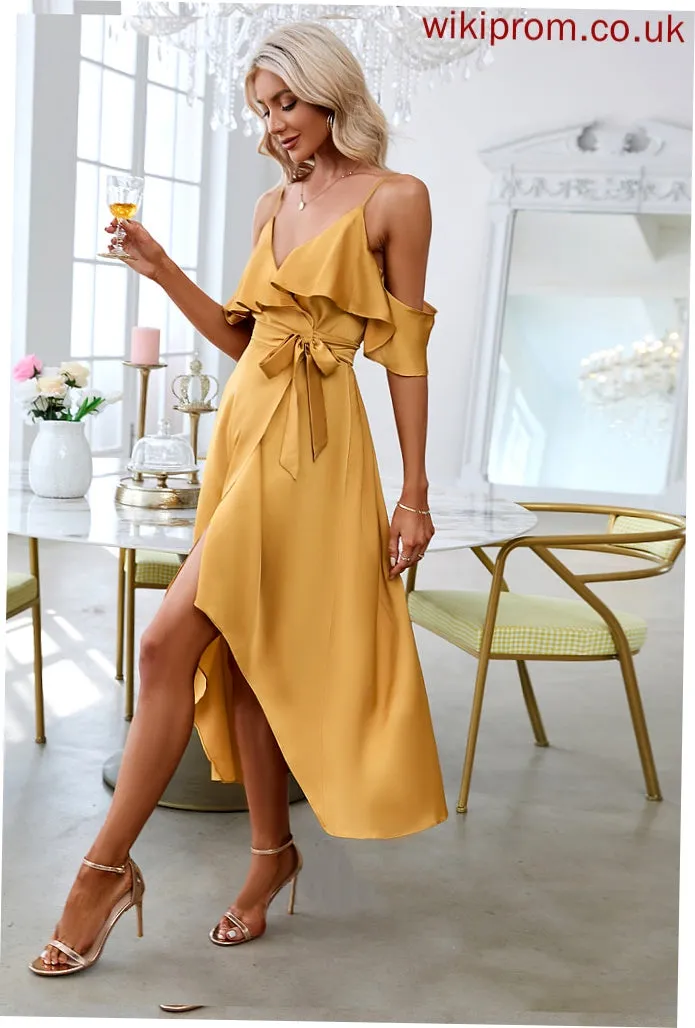 Elegant Michaela Satin Short Dresses Sheath Sleeves Club Dresses Asymmetrical V-Neck