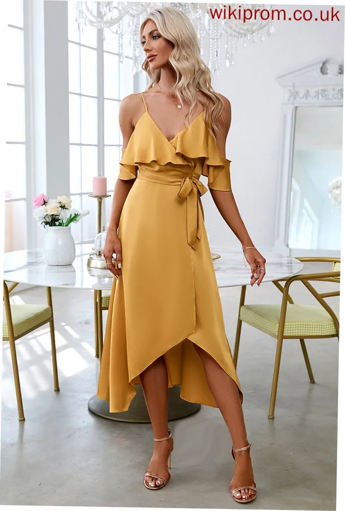 Elegant Michaela Satin Short Dresses Sheath Sleeves Club Dresses Asymmetrical V-Neck