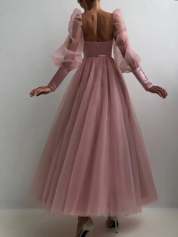 Elegant Pink Long Sleeves V-neck A-line Tulle Long Prom Dresses Evening Dress, OL842