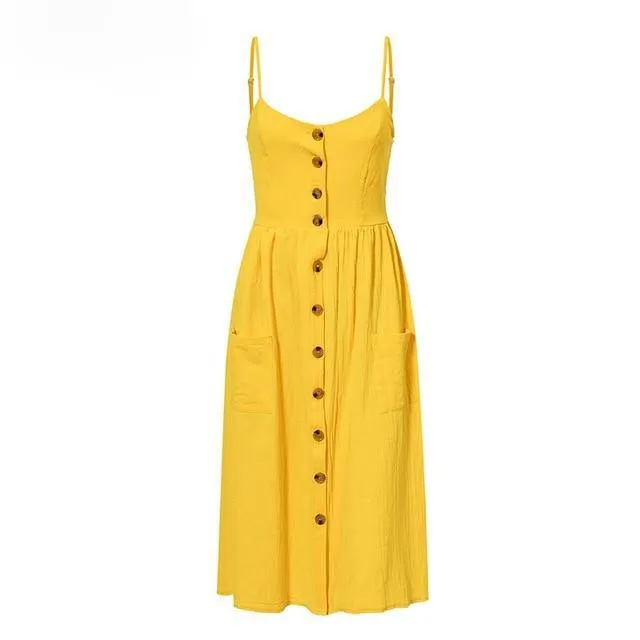 Elegant Pocket Polka Dots Yellow Cotton Midi Dress