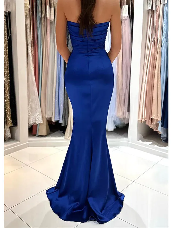 Elegant Royal Blue Soft Satin Sweetheart Mermaid Long Prom Dress Evening Dress with Side Slit, OL786