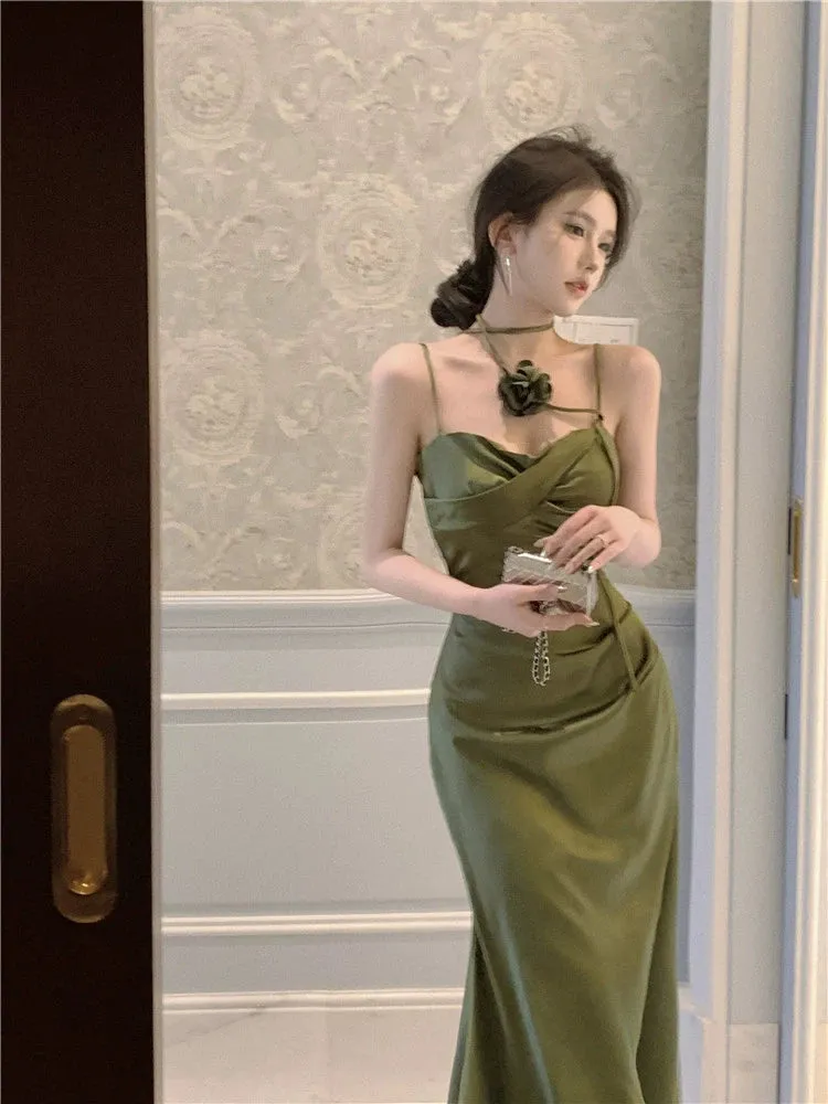 Elegant Socialite Dress Bandeau Sling Summer Satin