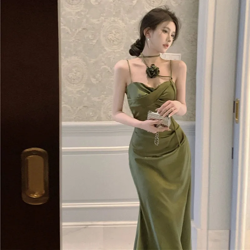 Elegant Socialite Dress Bandeau Sling Summer Satin