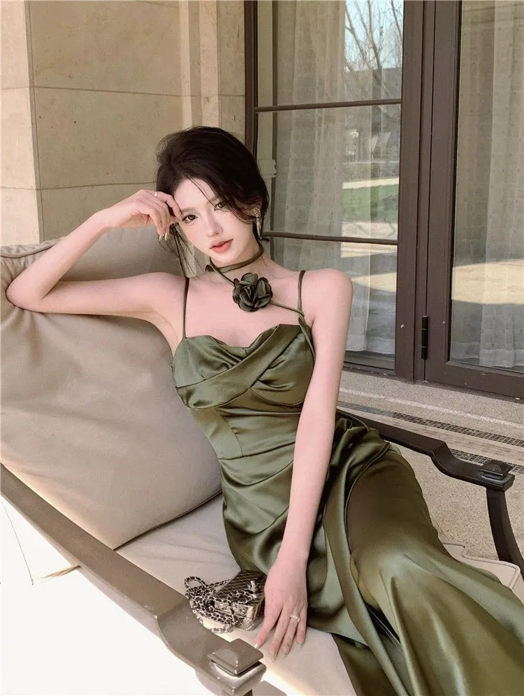 Elegant Socialite Dress Bandeau Sling Summer Satin