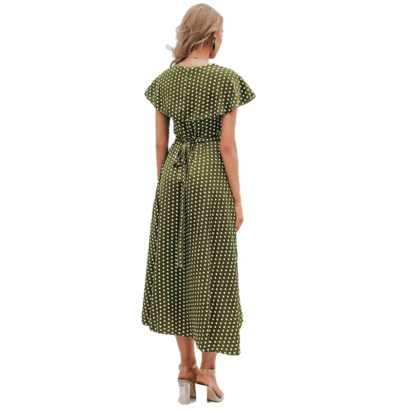 Elegant V Neck Wrap Sashes Dots Print Vintage Dresses