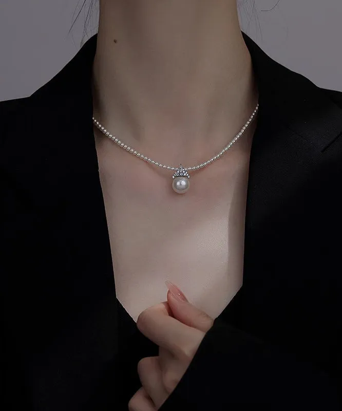 Elegant White Alloy Zircon Pearl Pendant Necklace RA003