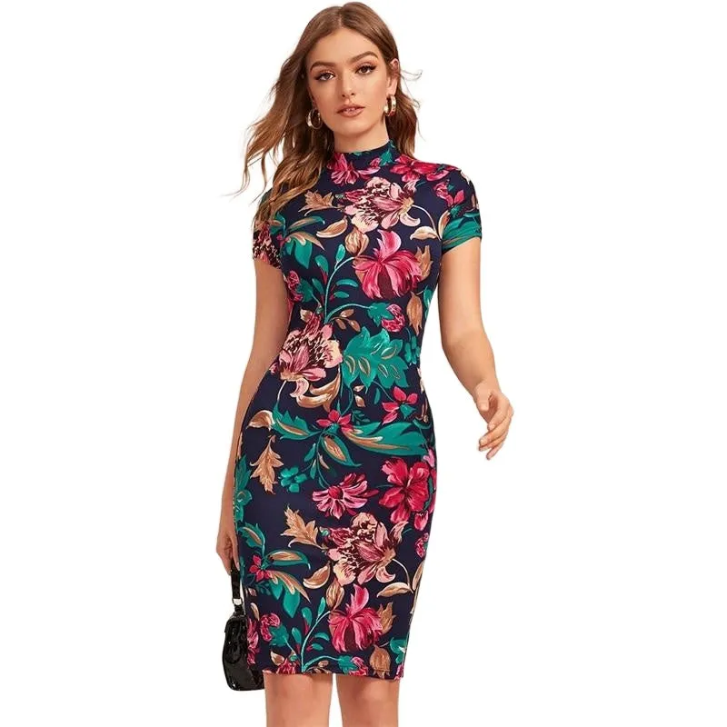 Elegant Women's Sleeve Mock Neck Bodycon Dress With Floral Print