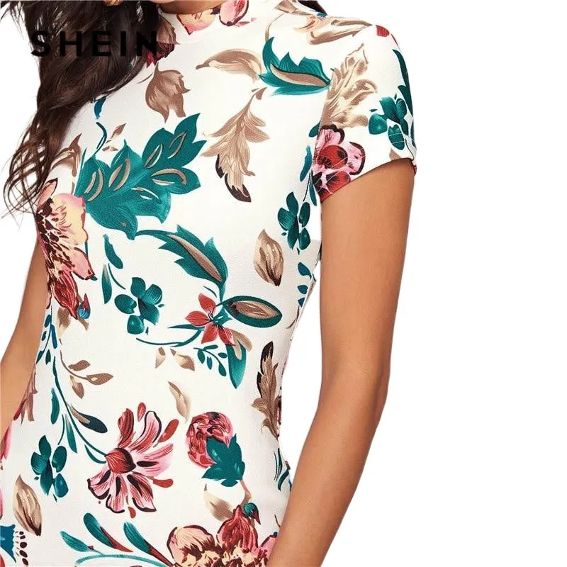 Elegant Women's Sleeve Mock Neck Bodycon Dress With Floral Print