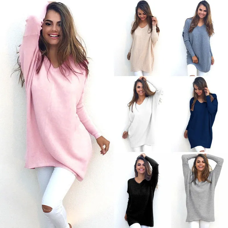 Fashion Autumn Winter Dress Womens V-Neck Loose Knitted Oversized Baggy Sweater Jumper Tops Dress Outwear Plus Size S-XL Vestidos