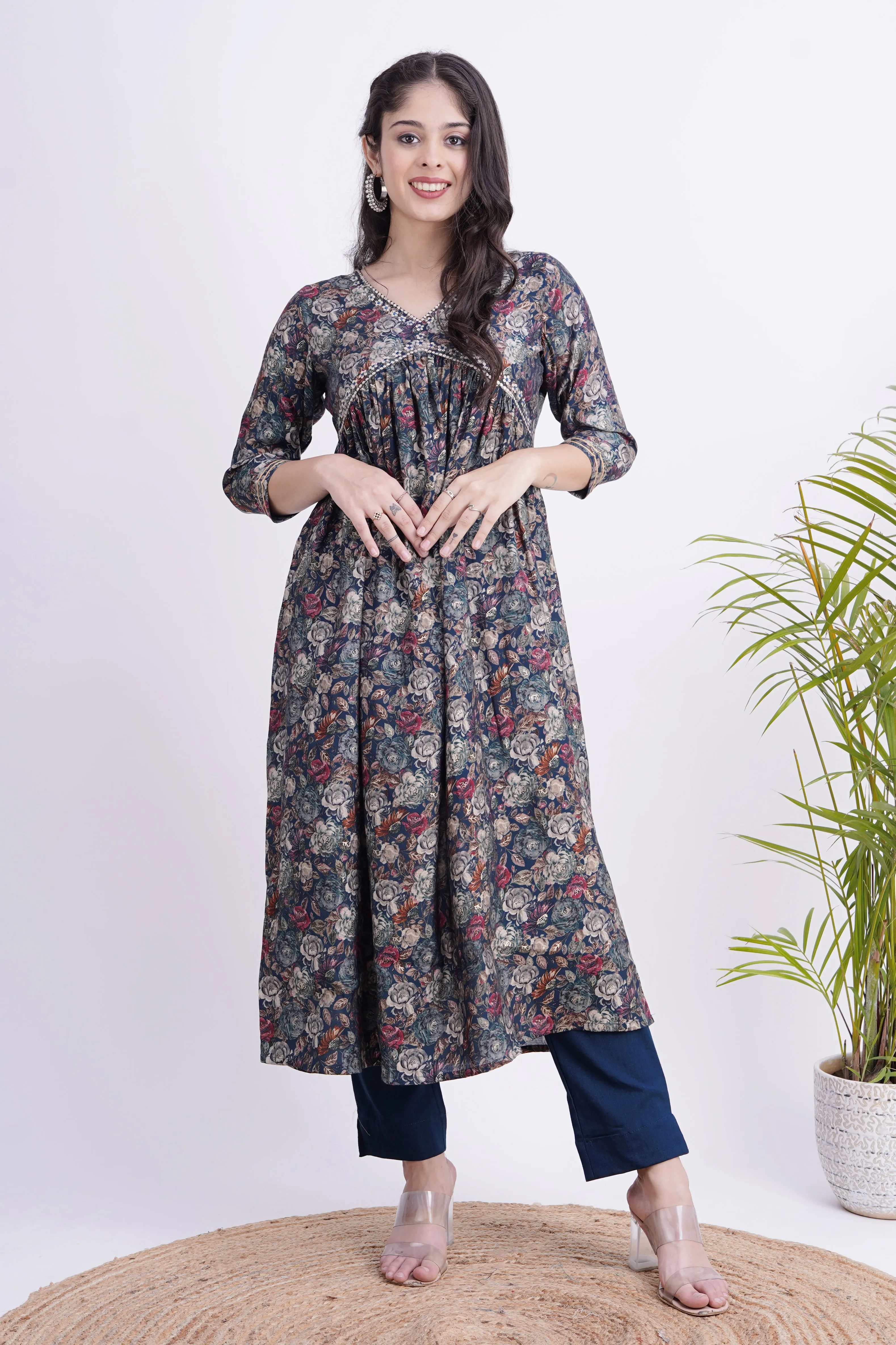 Floral Print Muslin Embroidered Alia Cut Pant Set