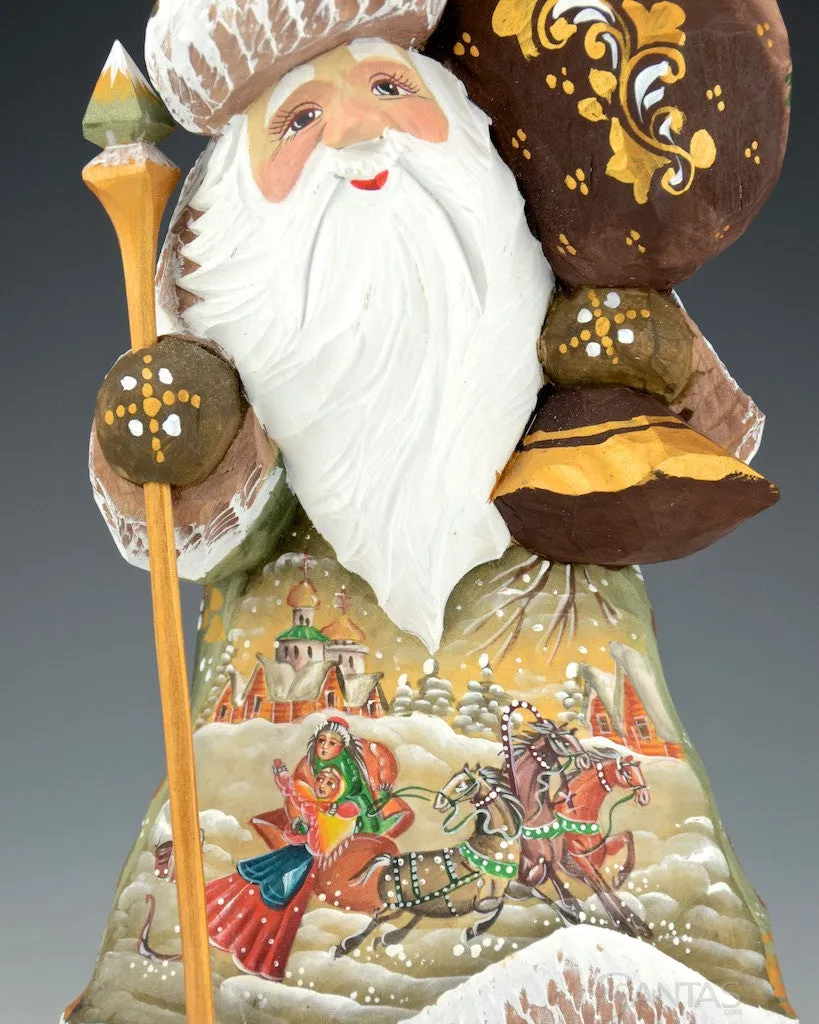 Green Russian Santa Walking with Toy Bag