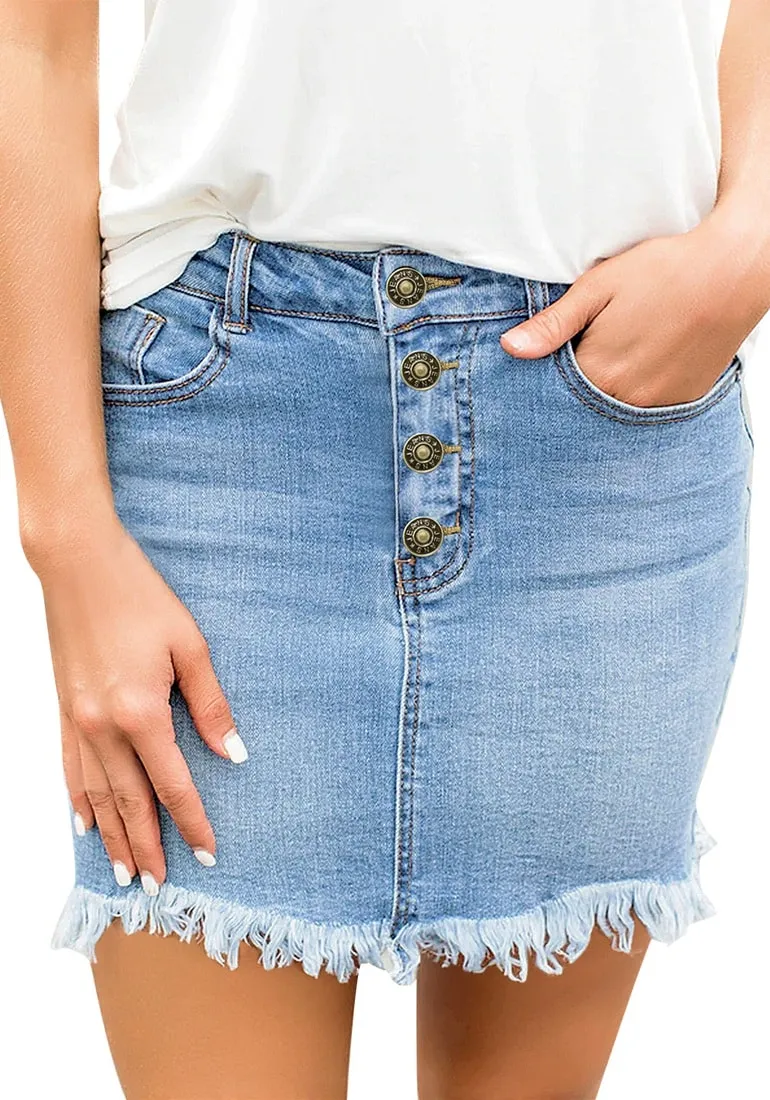 Light Blue Frayed Raw Hem Buttons Denim Mini Skirt