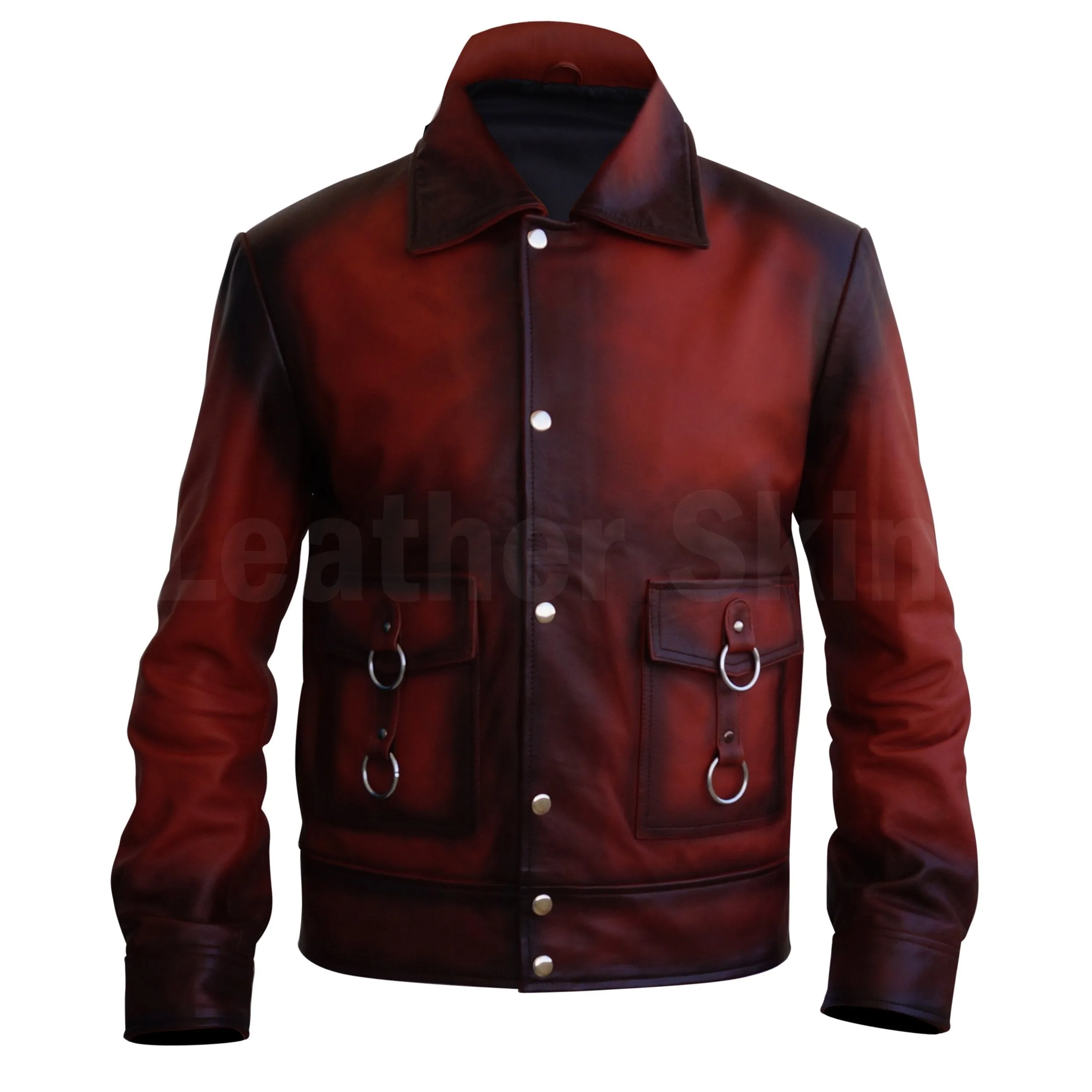 Men Distressed Tan Red Cow Leather Jacket with Metal Hoops Front Zipper Buttons