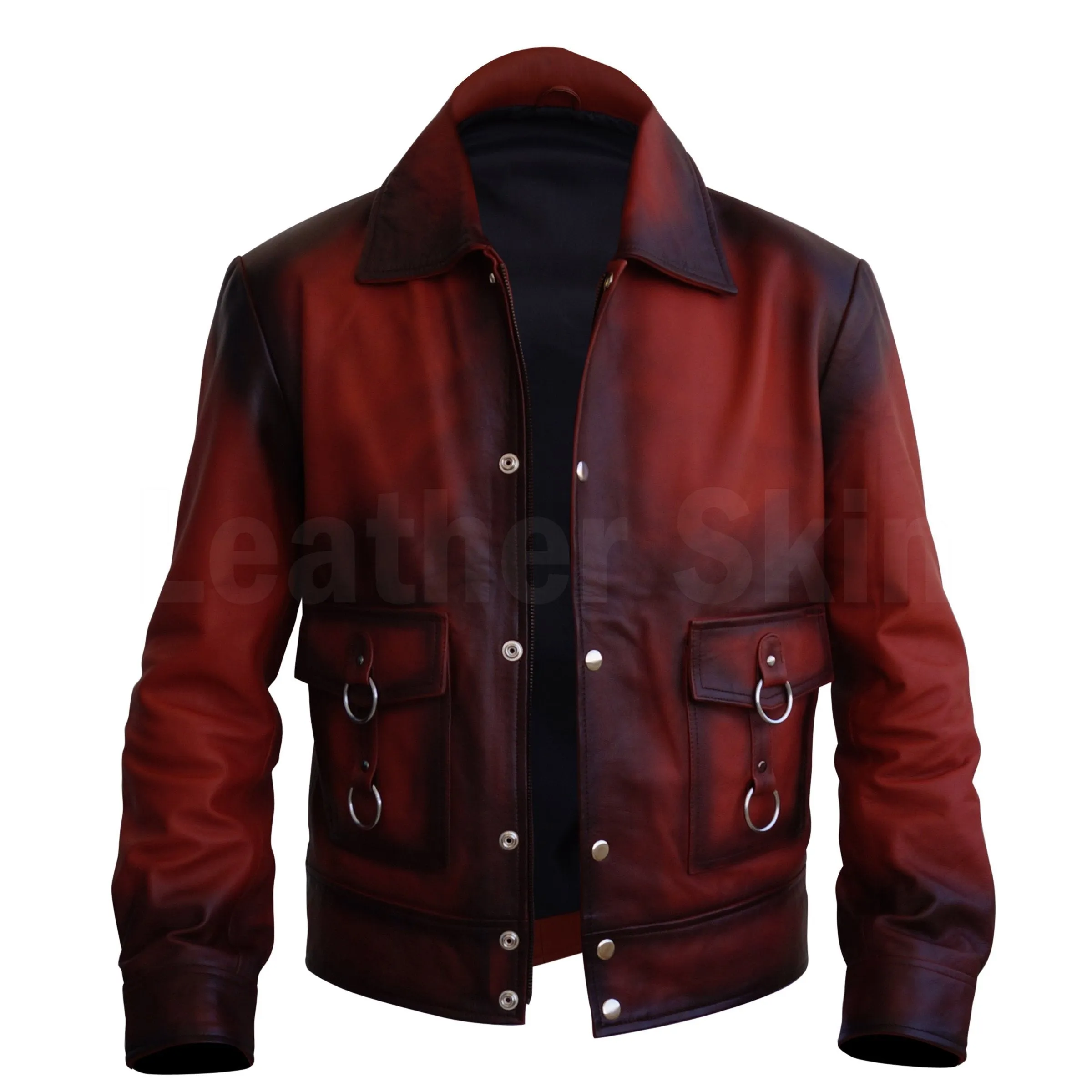 Men Distressed Tan Red Cow Leather Jacket with Metal Hoops Front Zipper Buttons