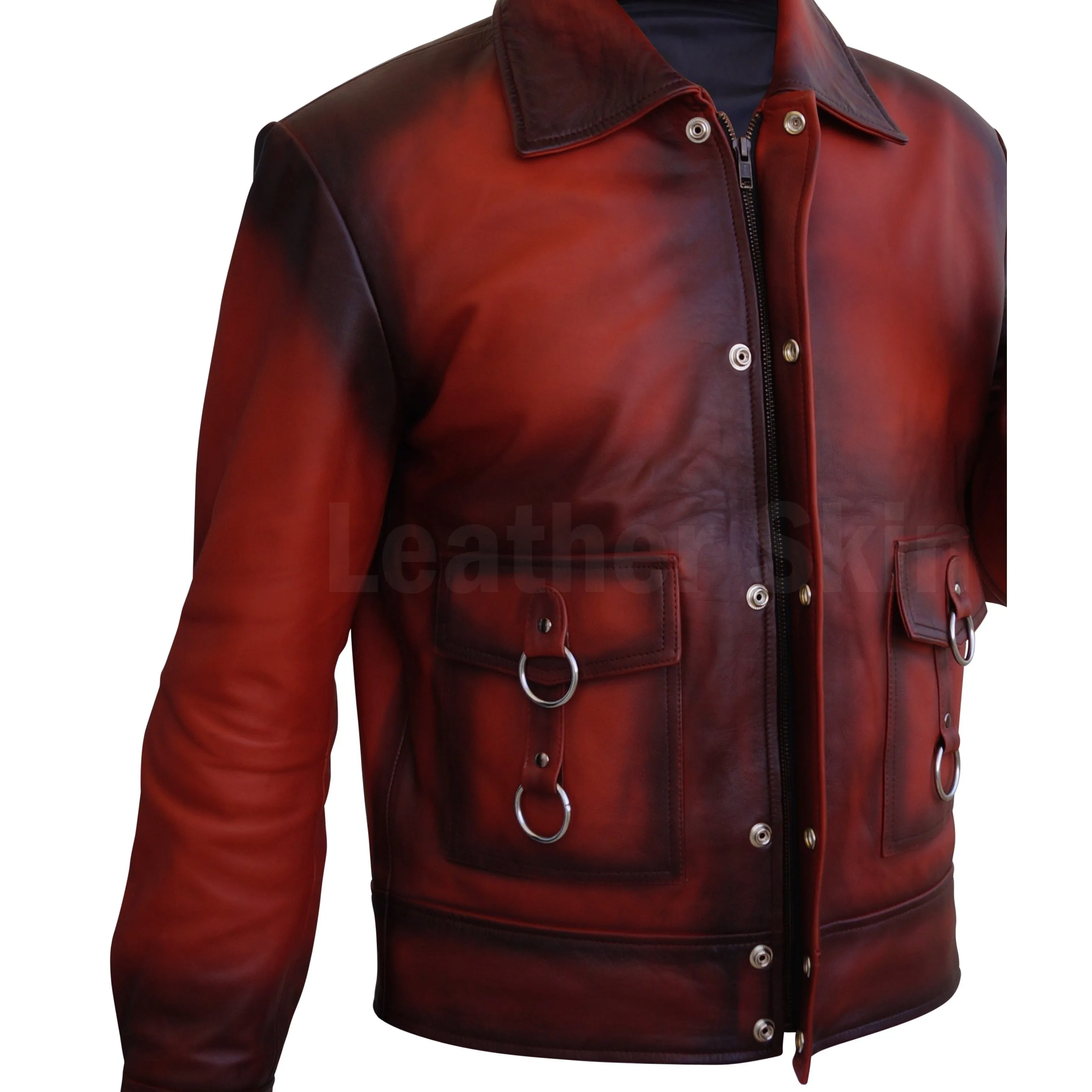 Men Distressed Tan Red Cow Leather Jacket with Metal Hoops Front Zipper Buttons