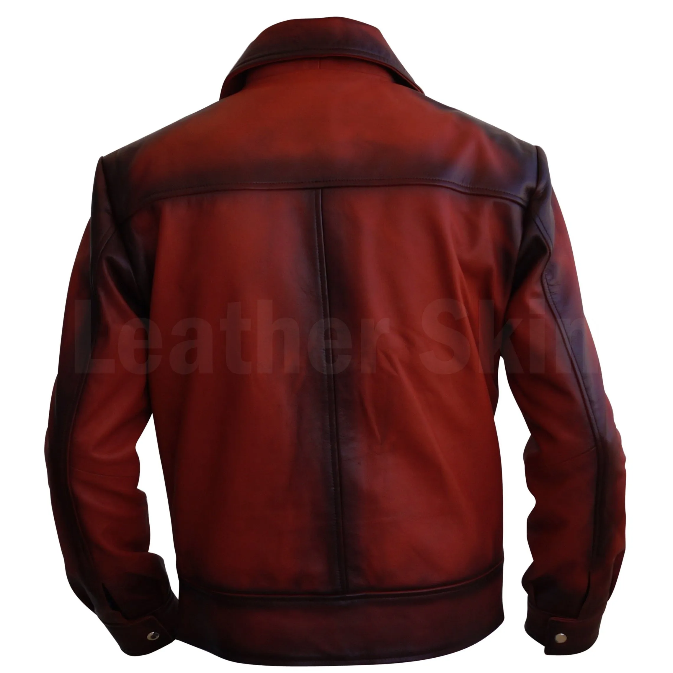 Men Distressed Tan Red Cow Leather Jacket with Metal Hoops Front Zipper Buttons