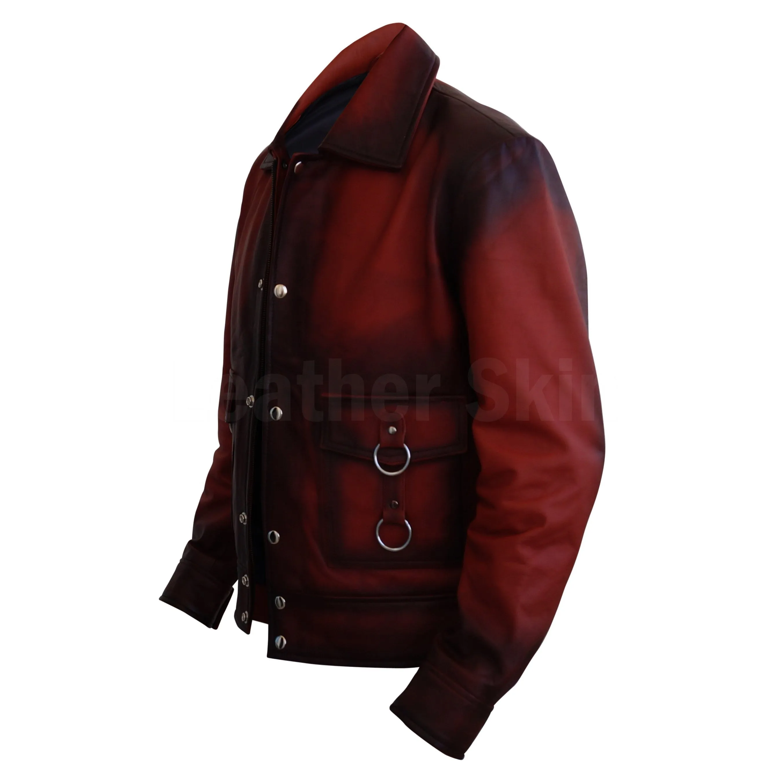 Men Distressed Tan Red Cow Leather Jacket with Metal Hoops Front Zipper Buttons