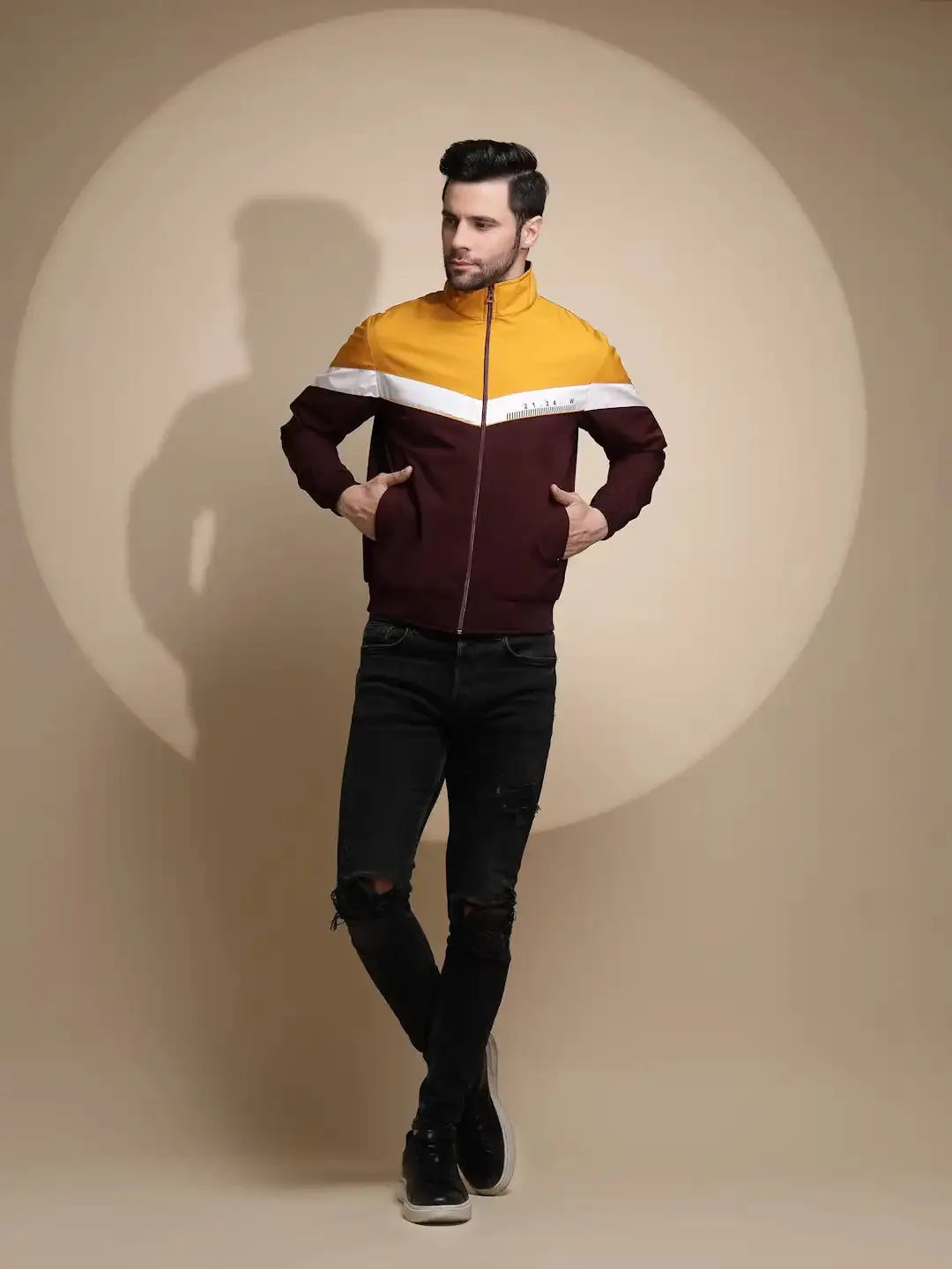 Men Yellow Solid Turtle Neck Full Sleeve Jacket