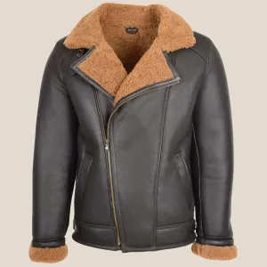 Men's Brown Cross-Zip Sheepskin Aviator Pilot Jacket