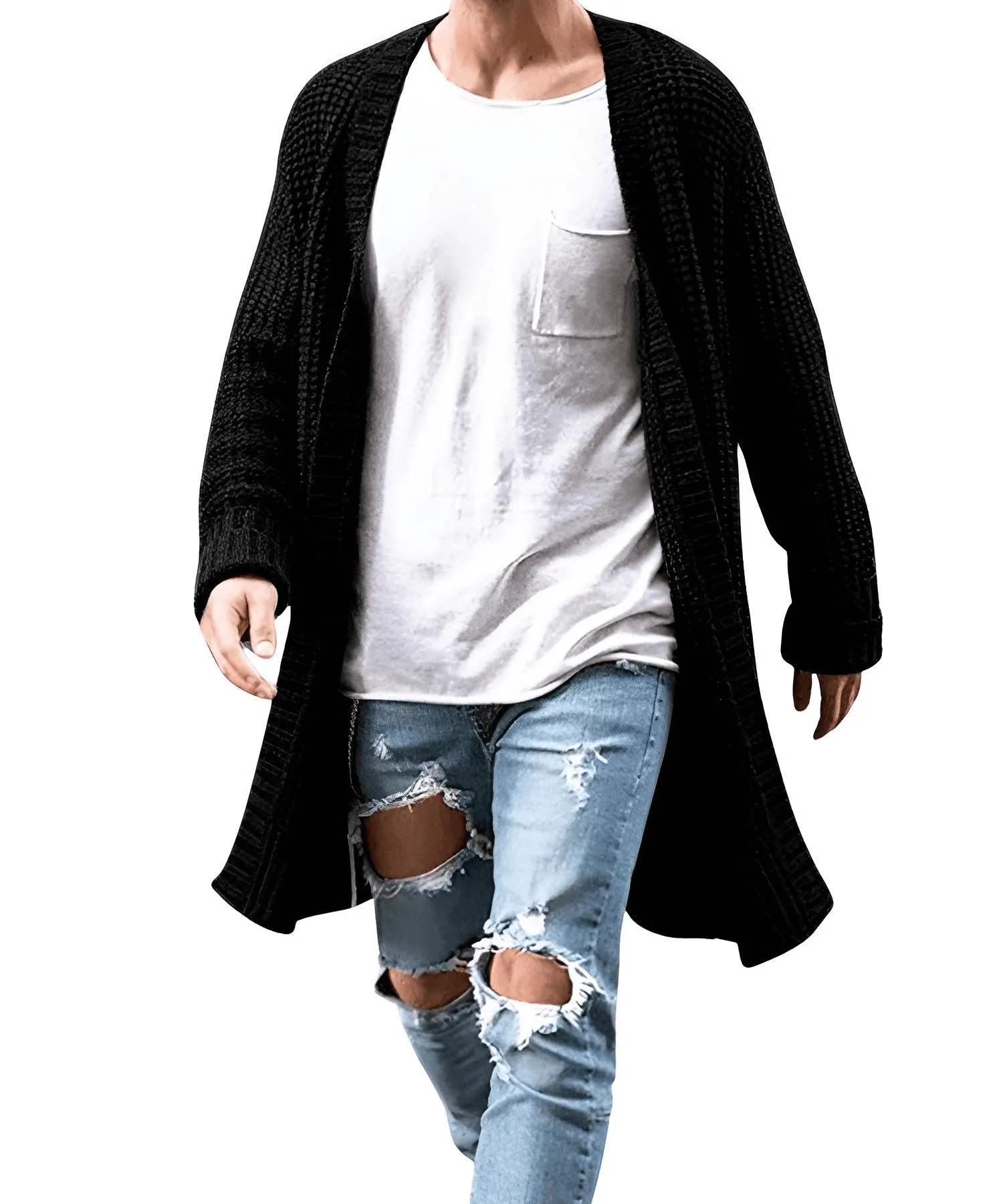 Men's Long Open Front Knit Cardigan