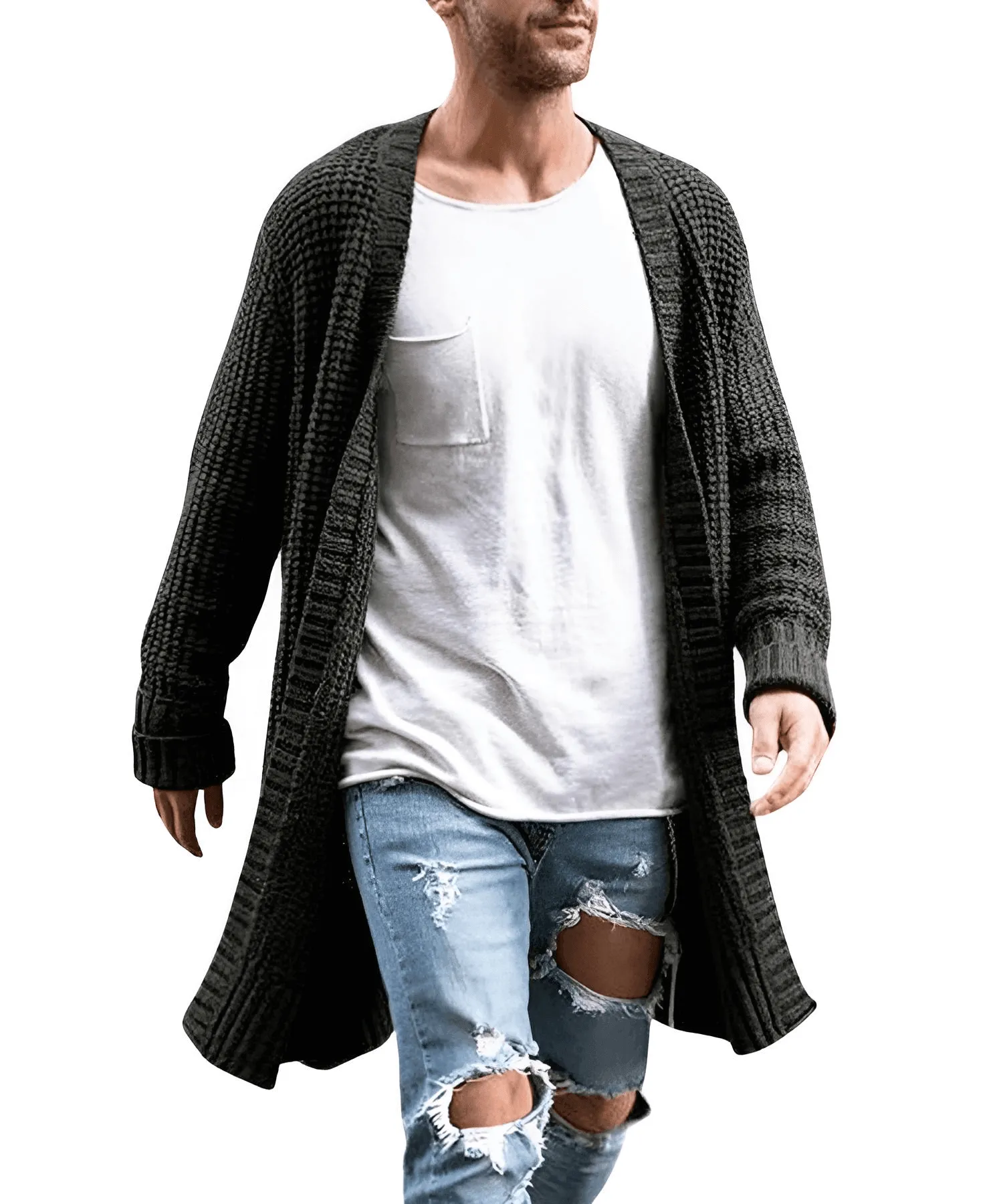 Men's Long Open Front Knit Cardigan