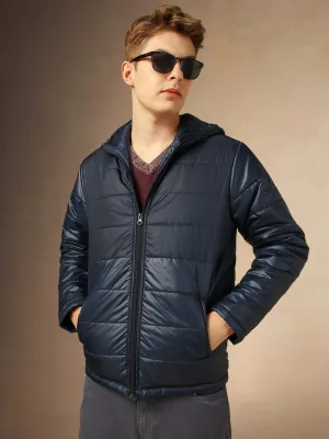 Men's Navy Blue Solid Hooded Full Sleeves Jackets