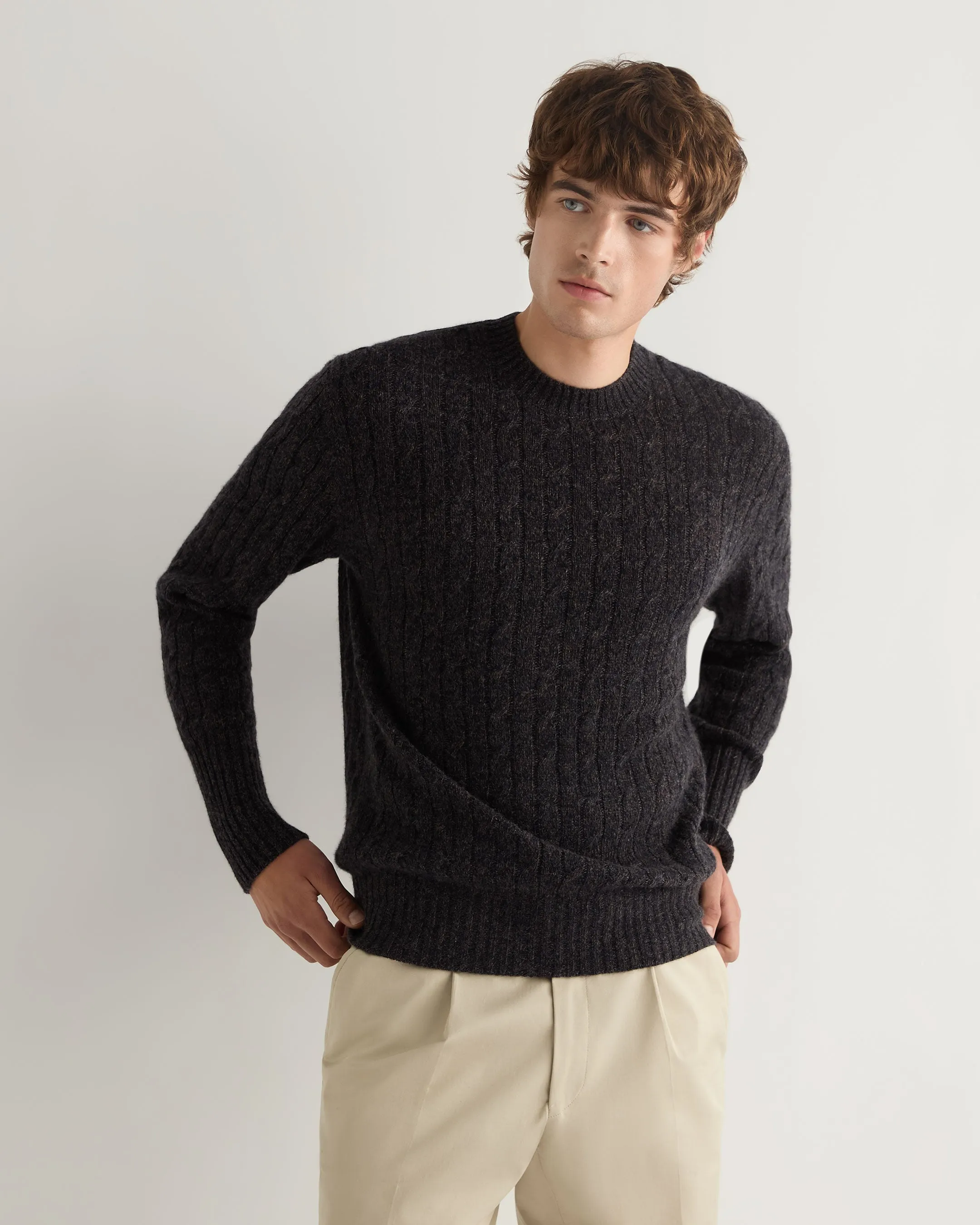 Men's Thames Cable Round Neck Cashmere Jumper Granite Grey