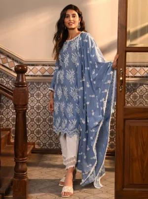 Mulmul Cotton Anisa denim Kurta With Mulmul Cotton Round Hem Organza Panel White Pant