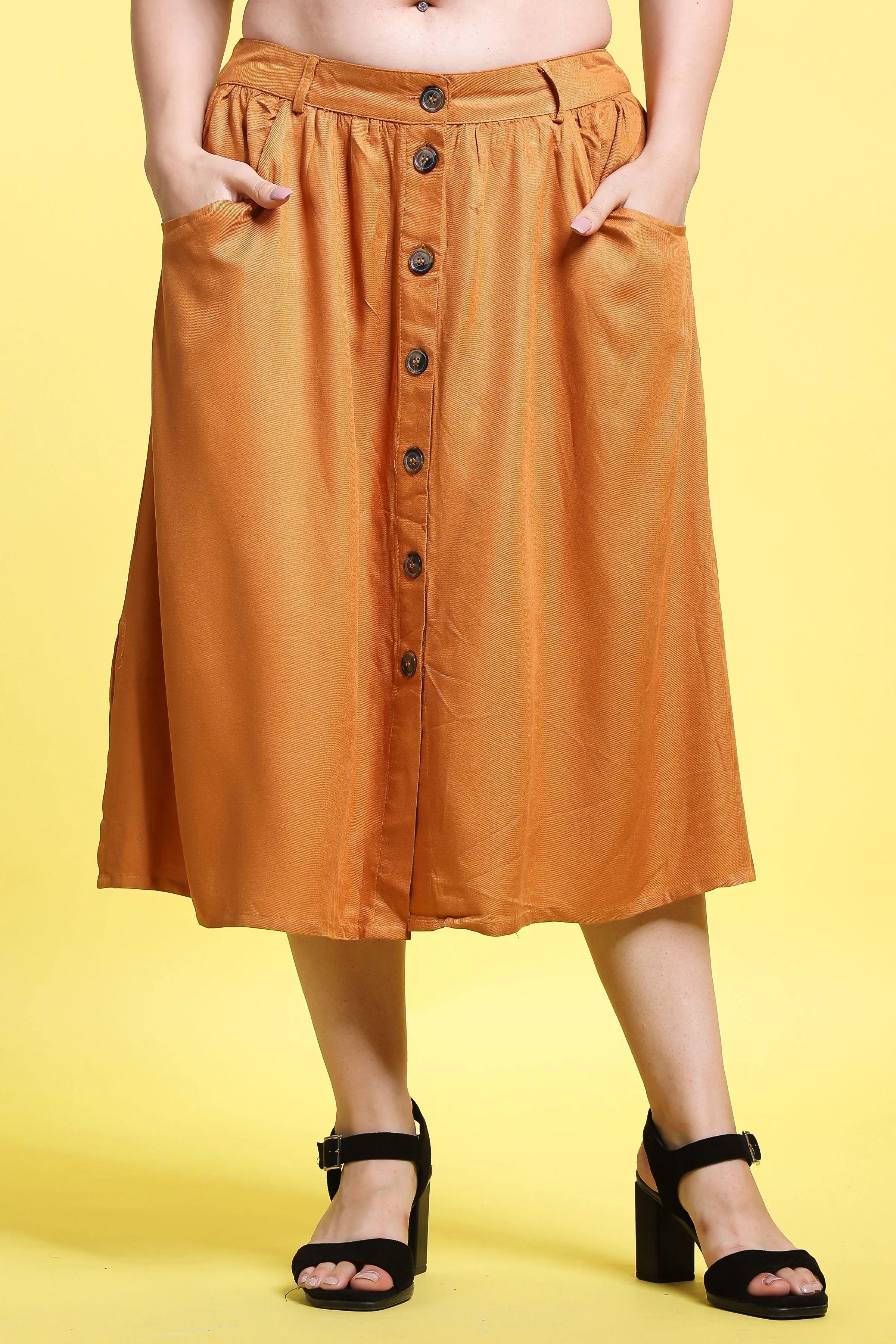 Mustard Solid Buttoned Skirt