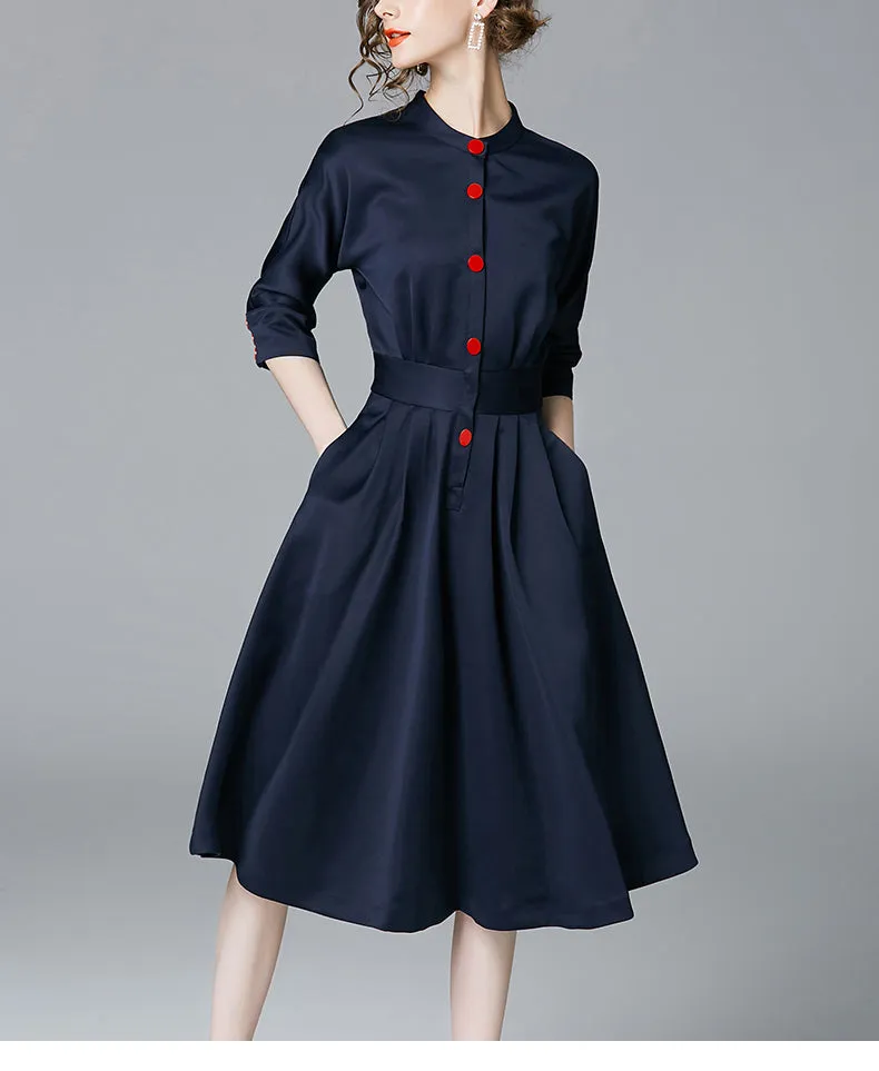 New Spring Autumn Vintage Dresses Women Slim 3/4 Sleeve A Line Office Wear Dress Elegant Laides Ol Work Business