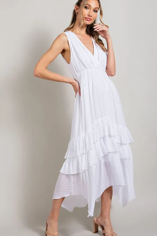 Off White V Neck Ruffle Maxi Dress