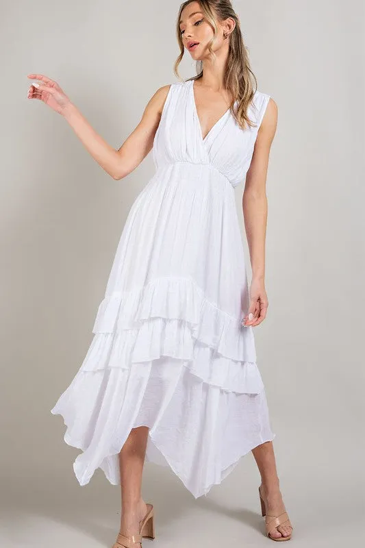 Off White V Neck Ruffle Maxi Dress