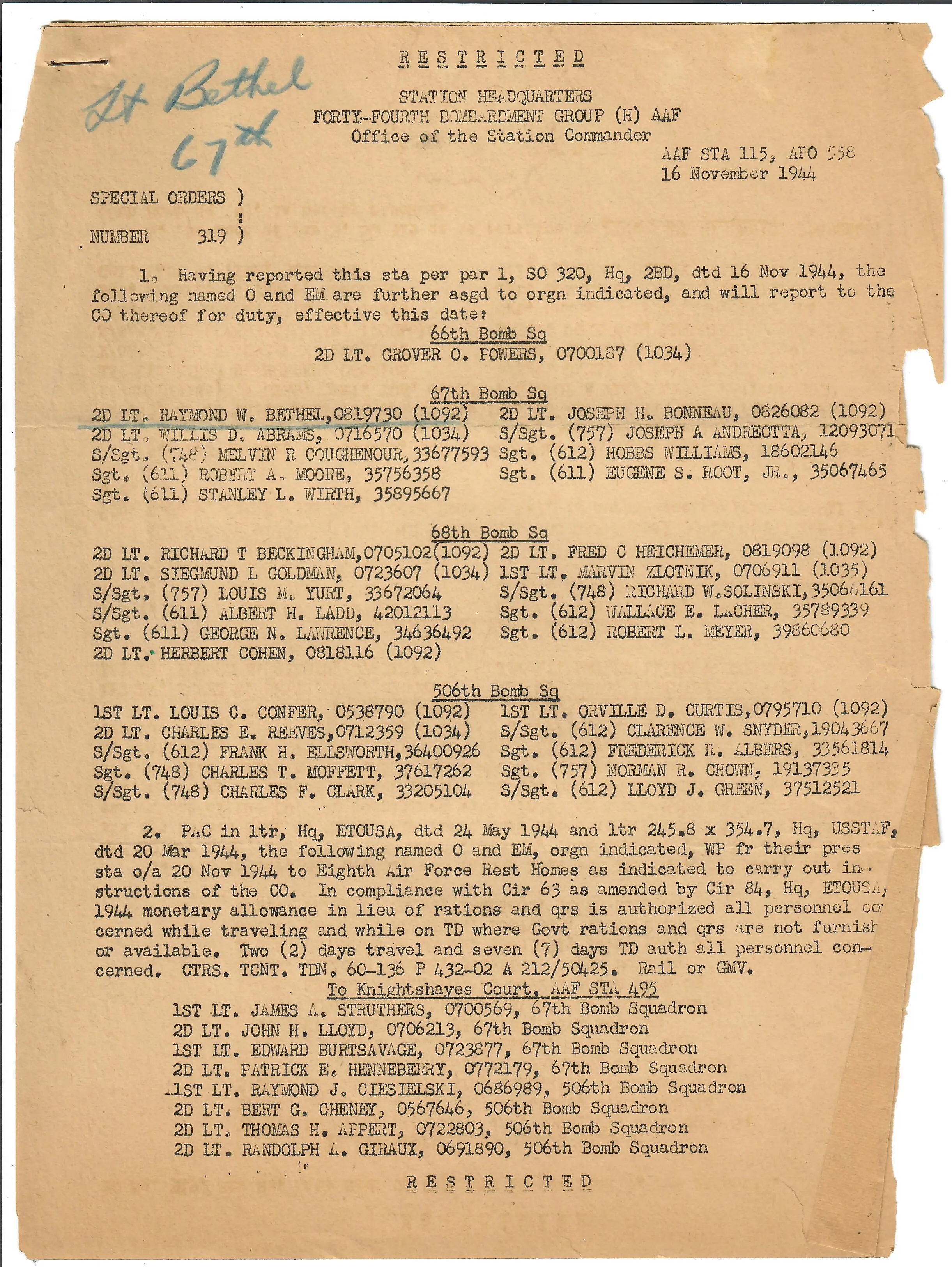 Original U.S. WWII 8th Air Force Flying 8-Balls Painted A-2 Leather Flight Jacket Named to Pilot Lt. Raymond Bethel, 44th Bombardment Group with Documents