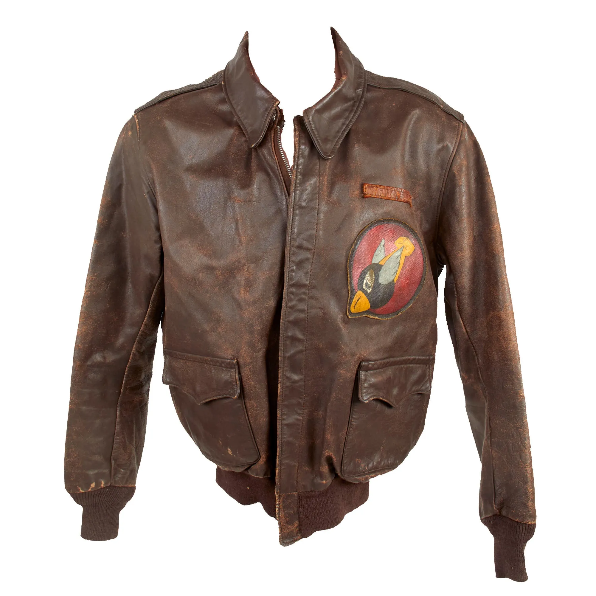 Original U.S. WWII 8th Air Force Flying 8-Balls Painted A-2 Leather Flight Jacket Named to Pilot Lt. Raymond Bethel, 44th Bombardment Group with Documents