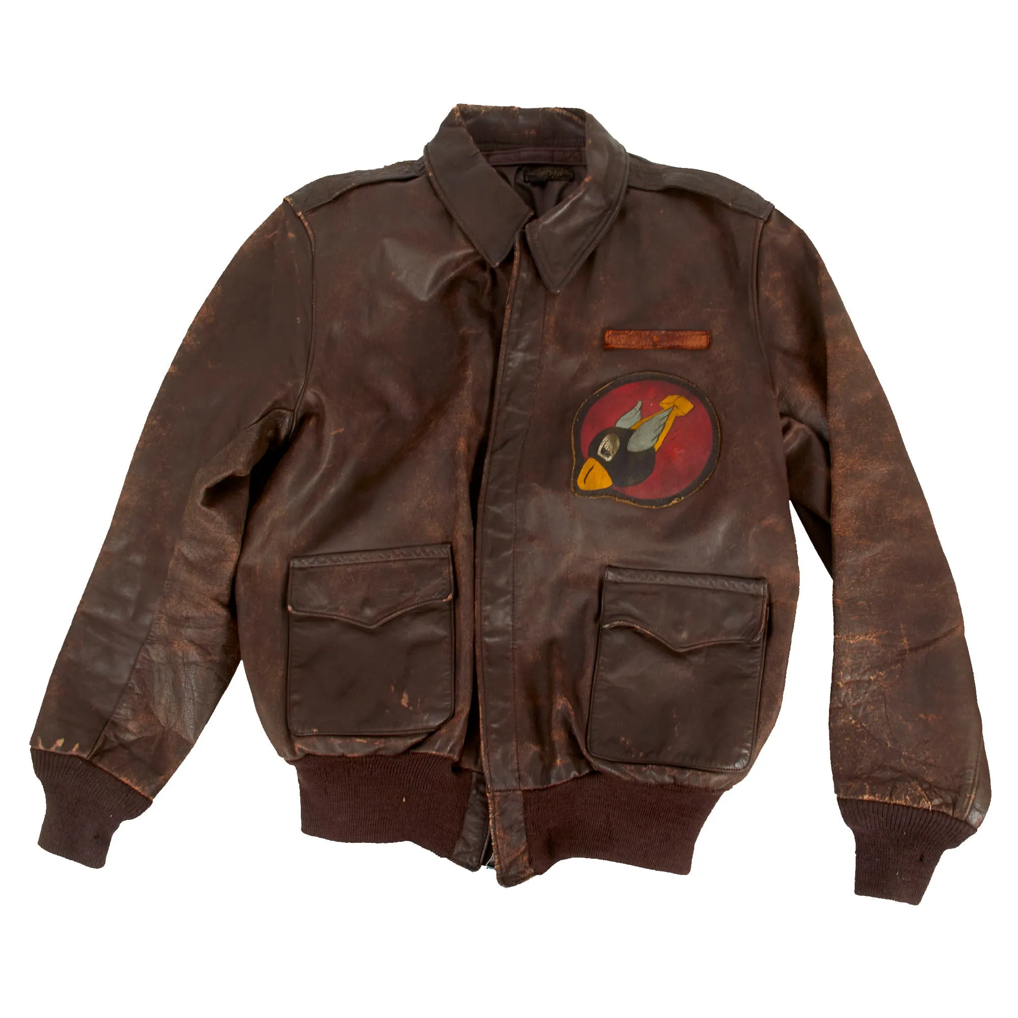 Original U.S. WWII 8th Air Force Flying 8-Balls Painted A-2 Leather Flight Jacket Named to Pilot Lt. Raymond Bethel, 44th Bombardment Group with Documents