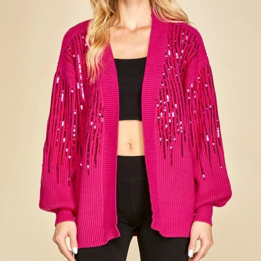 Party in Pink Sequin Detail Fuchsia Cardigan