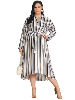 Plus Size Lapel Collar Striped Belt Design Long Sleeves Dress