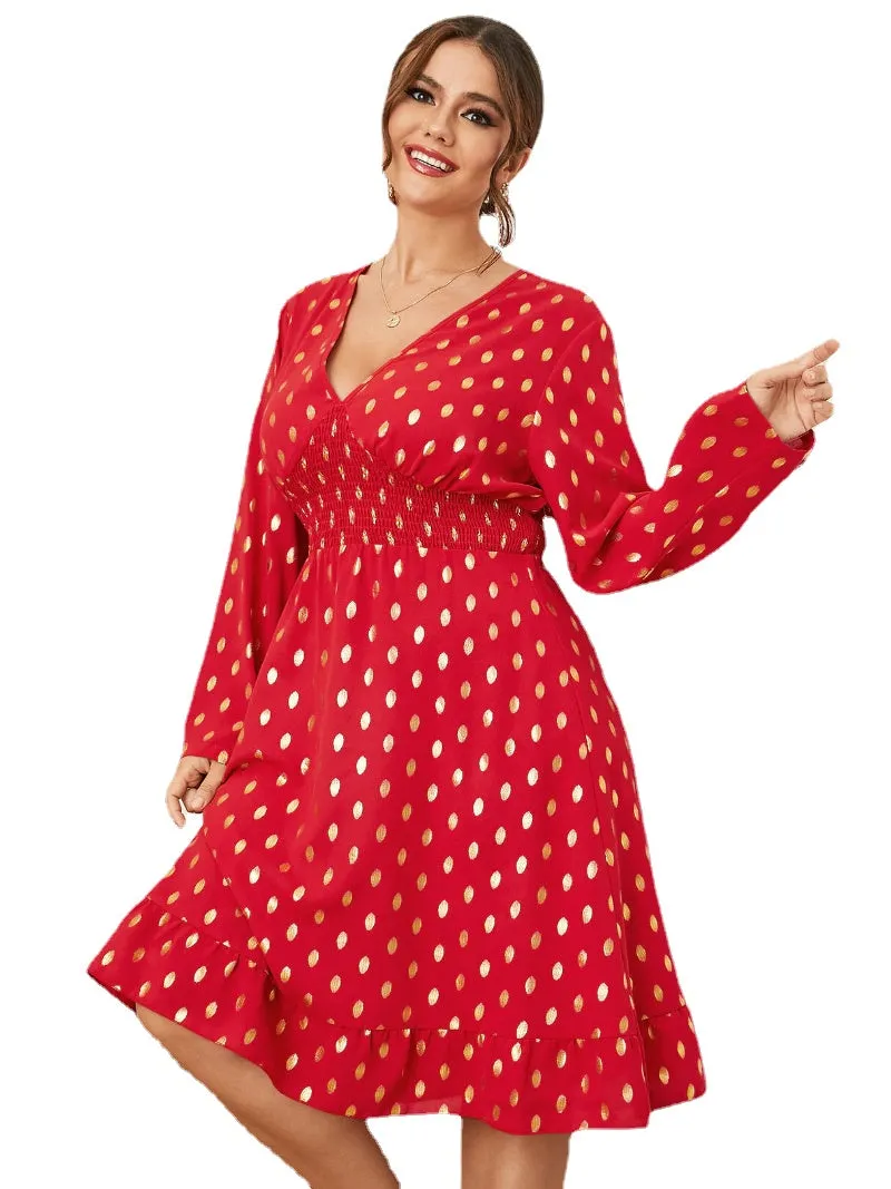 Plus Size V Neck Polka Dot Shirring Long Sleeves Dress