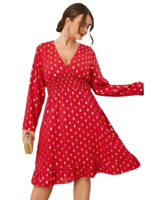 Plus Size V Neck Polka Dot Shirring Long Sleeves Dress