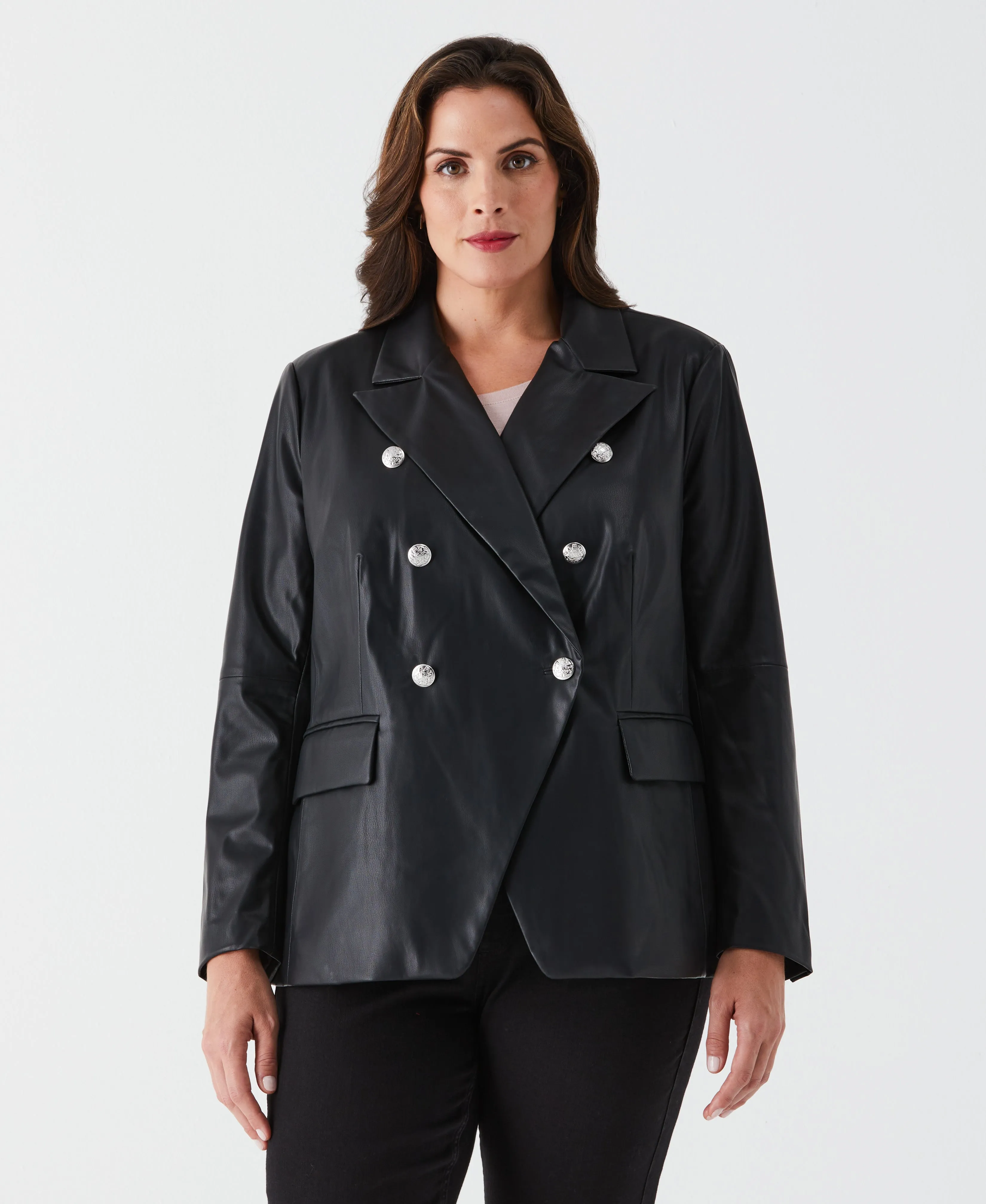 Plus Size Vegan Leather Double Breasted Blazer