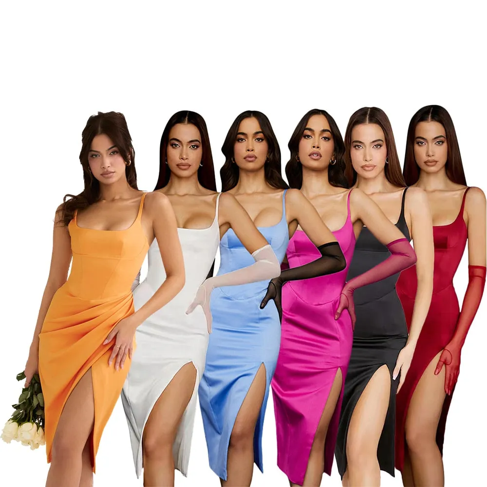 Purpdrank - Summer Bodycon Satin red Birthday Party Dresses Sexy Spaghetti Strap Midi Dress Elegant With Slit Dresses For Women