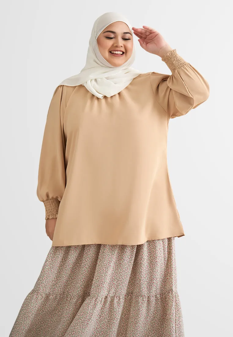 Sarah Puff Sleeve Smock Sleeve Blouse - Khaki