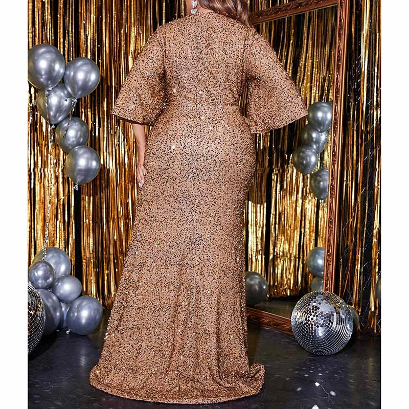 Short Sleeve Gold Prom Dress Sequin V Neck Maxi Evening Dress